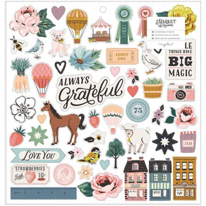 Scrapbooking  Maggie Holmes Market Square Chipboard Stickers 12"X12" Icons & Phrase chipboards