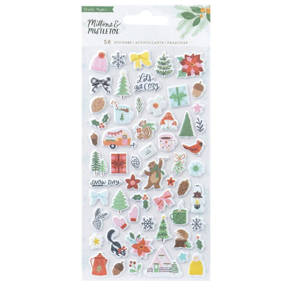 Scrapbooking  Crate Paper Mittens & Mistletoe Puffy Stickers 58/Pkg Ephemera