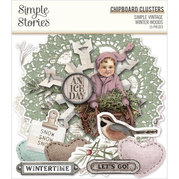 Scrapbooking  Simple Vintage Winter Woods Chipboard Clusters 15pk Embellishments