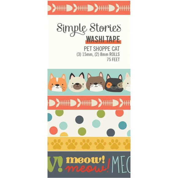 Scrapbooking  Simple Stories Pet Shoppe Cat Washi Tape 5/Pkg WASHI Tape