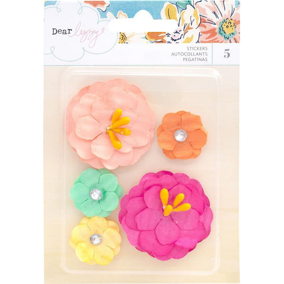 Scrapbooking  Dear Lizzy She's Magic Dimensional Paper Flowers 5/Pkg Pips & Rhinestones Flowers
