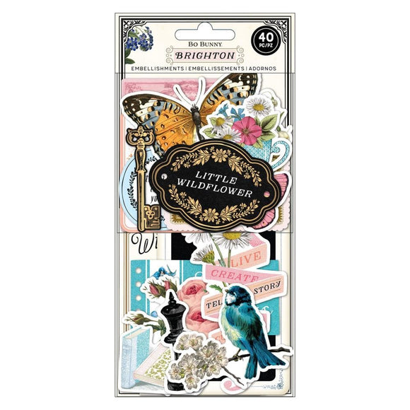 Scrapbooking  Bo Bunny Brighton Ephemera Cardstock Die-Cuts Icons W/Gold Foil 40pk Ephemera