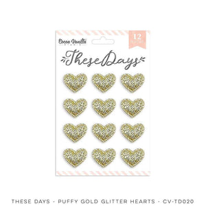Scrapbooking  Cocoa Vanilla These Days 1.5cm Gold Glitter Puffy Hearts Embellishments
