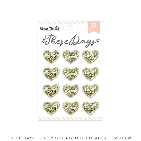 Scrapbooking  Cocoa Vanilla These Days 1.5cm Gold Glitter Puffy Hearts Embellishments