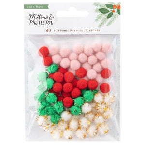 Scrapbooking  Crate Paper Mittens & Mistletoe Mixed Pom Poms 80/Pkg Embellishments