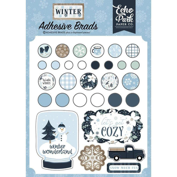 Scrapbooking  Echo Park Winter Adhesive Decorative Brads  30 pack Embellishments