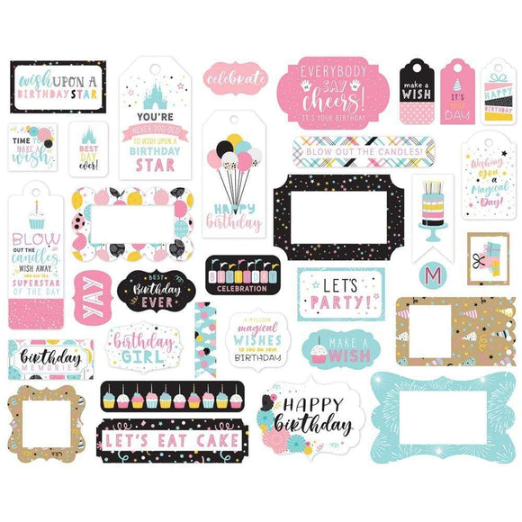 Scrapbooking  Echo Park Magical Birthday Girl Cardstock Ephemera Frames and Tags 33/Pkg Ephemera