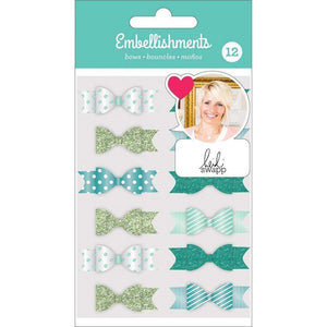 Scrapbooking  Heidi Swapp Paper Bows 12/Pkg Teal W/Glitter & Foil Accents Embellishments