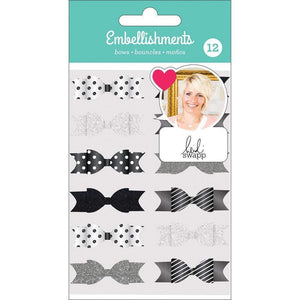 Scrapbooking  Heidi Swapp Paper & Fabric Bows 12/Pkg Black, White & Silver W/Glitter & Foil Accents Embellishments