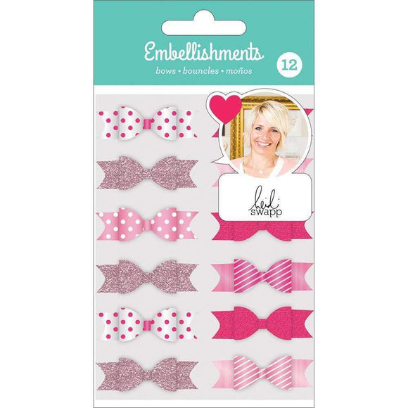 Scrapbooking  Heidi Swapp Paper & Fabric Bows 12/Pkg PinkW/Glitter & Foil Accents Embellishments