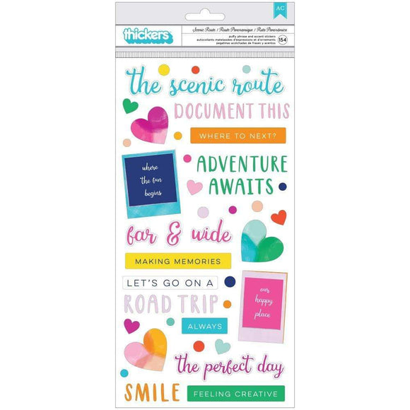 Scrapbooking  Paige Evans Go The Scenic Route Thickers Stickers 154/Pkg Scenic Route Phrase/Puffy Puffy Stickers