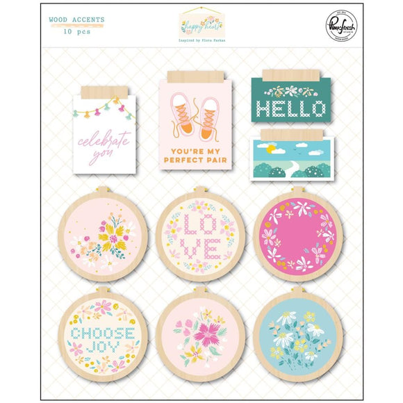 Scrapbooking  PinkFresh Wood Accent Stickers Happy Heart 10pk Embellishments