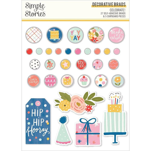 Scrapbooking  Simple Stories Celebrate! Decorative Brads 32pk Embellishments