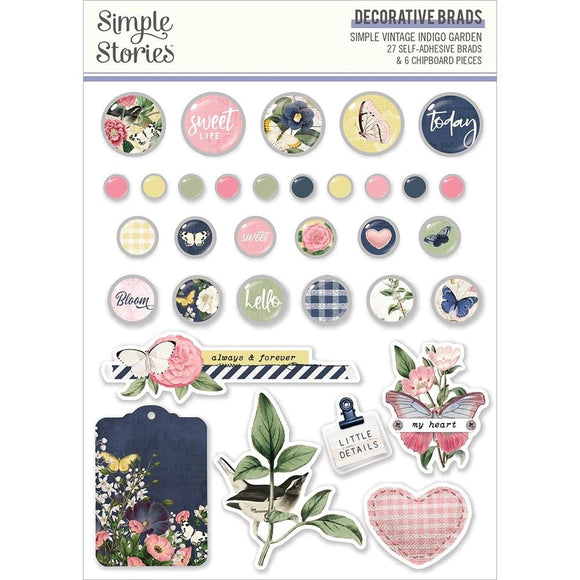 Scrapbooking  Simple Vintage Indigo Garden Decorative Brads 33pk Embellishments