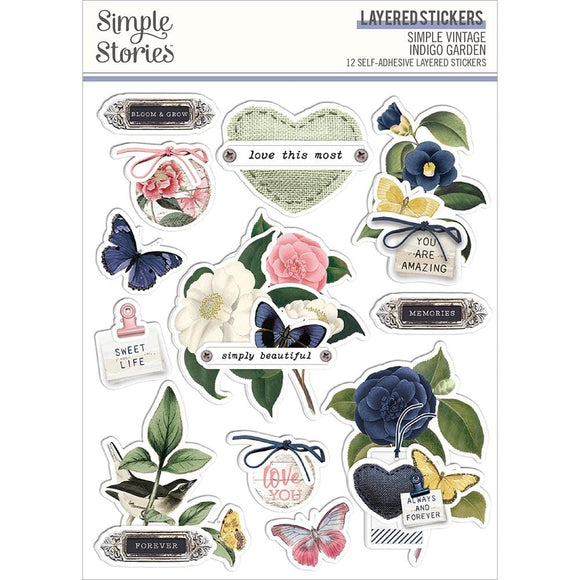 Scrapbooking  Simple Vintage Indigo Garden Layered Stickers 12/Pkg stickers