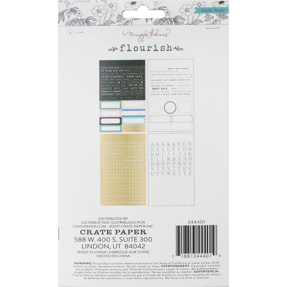 Scrapbooking  Maggie Holmes Flourish Cardstock Mini Stickers 4/Pkg Phrases, Labels, Alpha & Numbers W/Foil Paper Collections 12x12