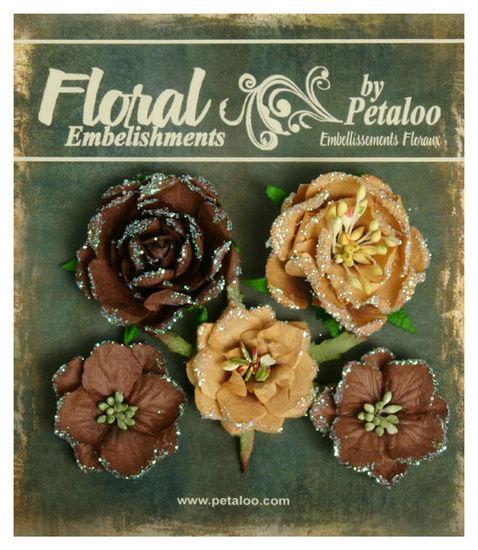 Scrapbooking  Petaloo Glittered Fleur Brown 5pc Paper Collections 12x12