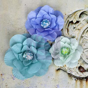 Scrapbooking  Akran Taj Blue Fabric Flowers 3pc Prima Marketing
