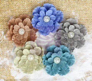 Scrapbooking  Paloma Blue Moon Burlap Flowers 5 pc Prima Marketing