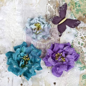Scrapbooking  Troika Teal Mulberry Flowers and Butterfly 4pc Prima Marketing