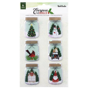 Scrapbooking  Vicki Boutin Evergreen & Holly Shaker Stickers 6/Pkg Mason Jar Embellishments