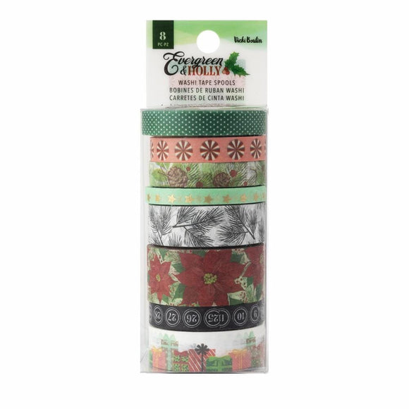 Scrapbooking  Vicki Boutin Evergreen & Holly Washi Tape 8/Pkg W/Gold Foil Accents Washi
